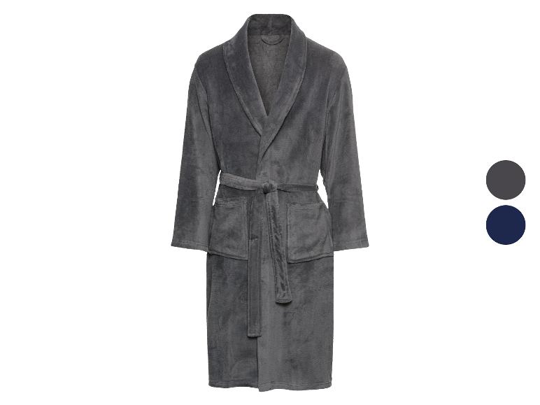 Une robe de chambre grise avec ceinture, disponible en gris et bleu foncé.