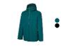 Une veste de pluie vert foncé à capuche.