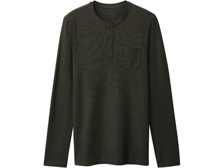 T-shirt Henley vert foncé à manches longues en tissu gaufré pour homme avec poche.
