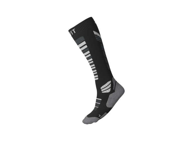 Chaussette de ski noire et grise avec rayures blanches et texte sur le dessus