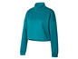 Un sweat-shirt turquoise avec une fermeture éclair à moitié.