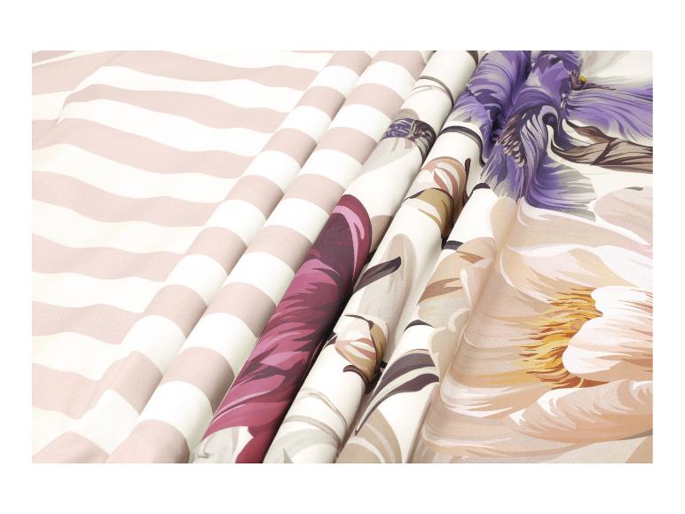Tissus : rayé, violet et à motifs floraux
