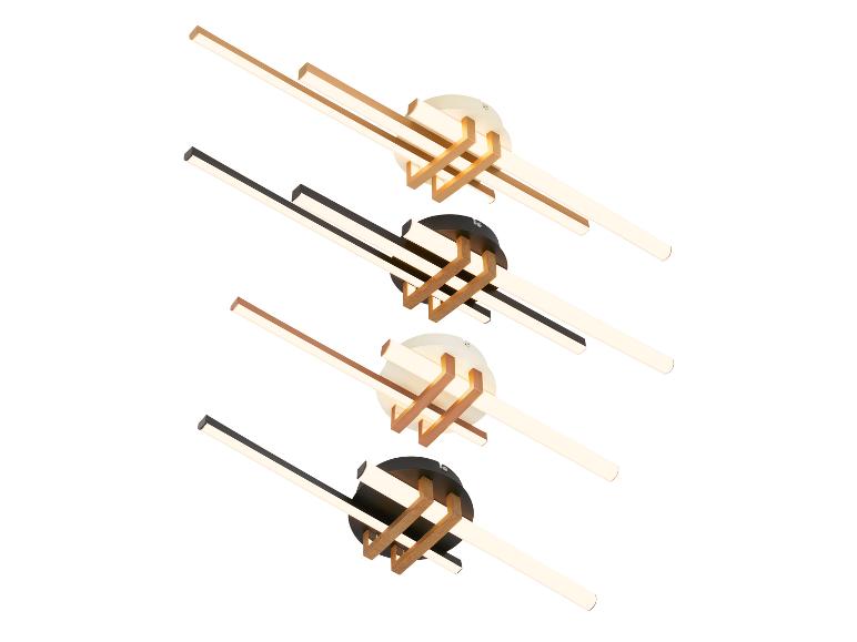 Quatre plafonniers modernes avec sources lumineuses linéaires et détails en bois de différentes couleurs.