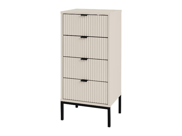 Commode haute avec tiroirs ondulés et poignées noires sur pieds noirs