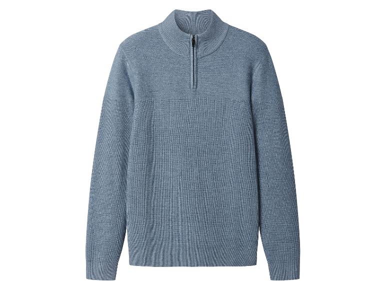 Pull en maille bleu clair pour homme avec col montant et fermeture éclair courte.
