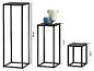 Ensemble de trois socles métalliques noirs de différentes hauteurs (90 cm, 60 cm, 30 cm) avec vases.