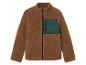 Une veste en fourrure synthétique marron avec une poche poitrine verte.