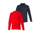 Deux cols roulés pour enfants, un rouge avec une boussole et un bleu foncé avec une montagne.