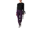 Femme en leggings violets et haut de sport noir, tenant des bâtons de marche.