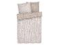Parure de lit avec housse de couette et taies d'oreiller à motif géométrique beige et blanc.