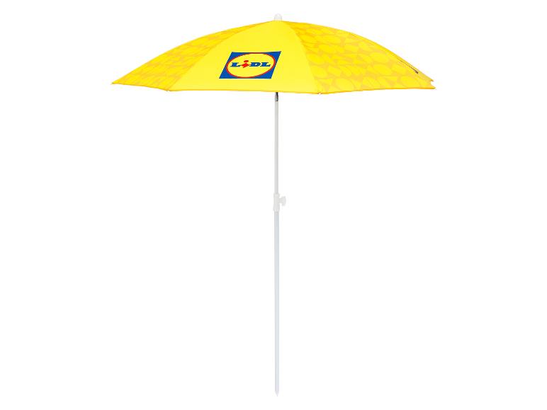 Parasol de plage jaune Lidl avec un motif répétitif.