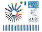Un assortiment de fournitures artistiques comprenant des marqueurs, des crayons de couleur, des craies, des autocollants et des pages à colorier.