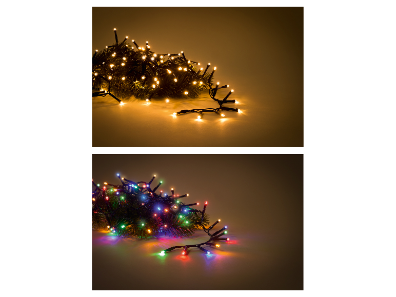 Guirlandes lumineuses de Noël LED blanc chaud et colorées sur fond sombre.