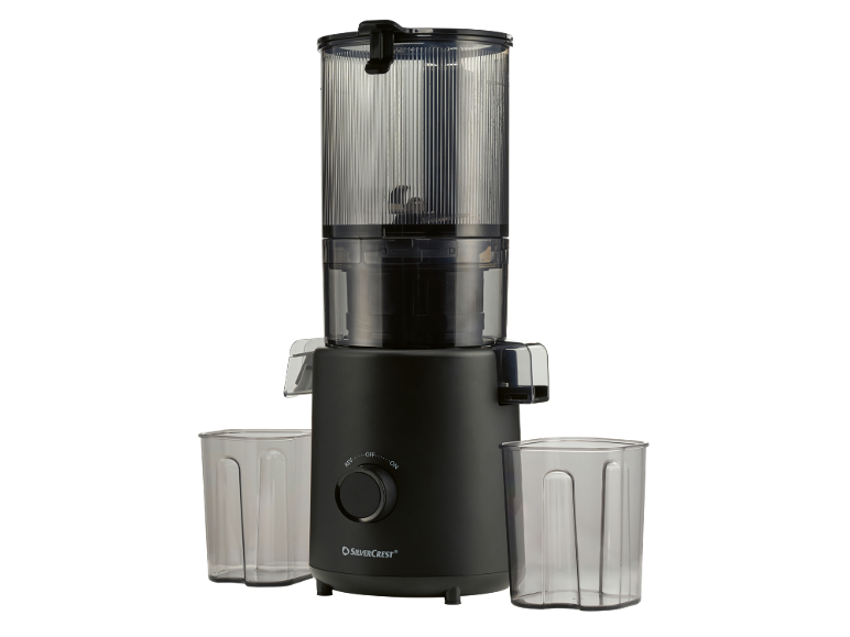 Extracteur de jus noir avec deux tasses transparentes, doté d'un bouton de commande 'REV', 'OFF', 'ON'.