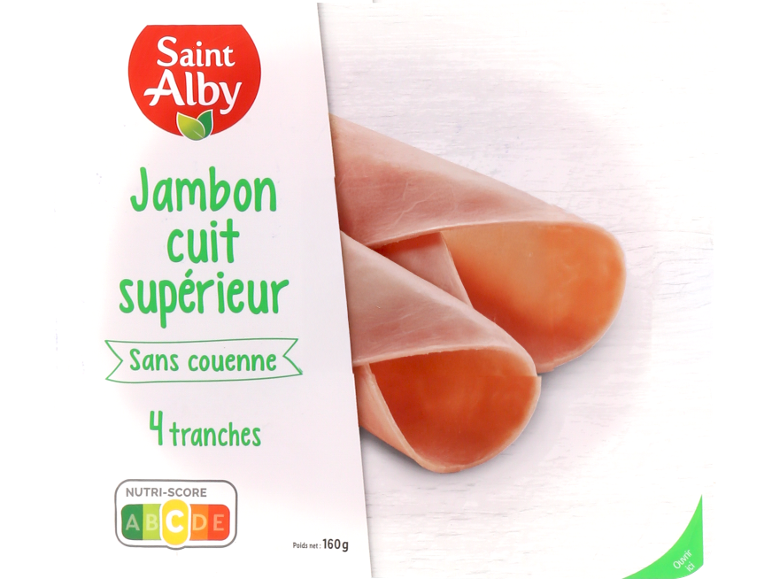 Emballage de jambon cuit Saint Alby sans couenne, 4 tranches, 160g, Nutri-Score C.
