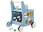 Porteur en bois bleu avec cuisine de jeu, ustensiles de cuisine et engrenages.