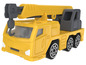 Un camion grue jouet jaune avec un crochet.