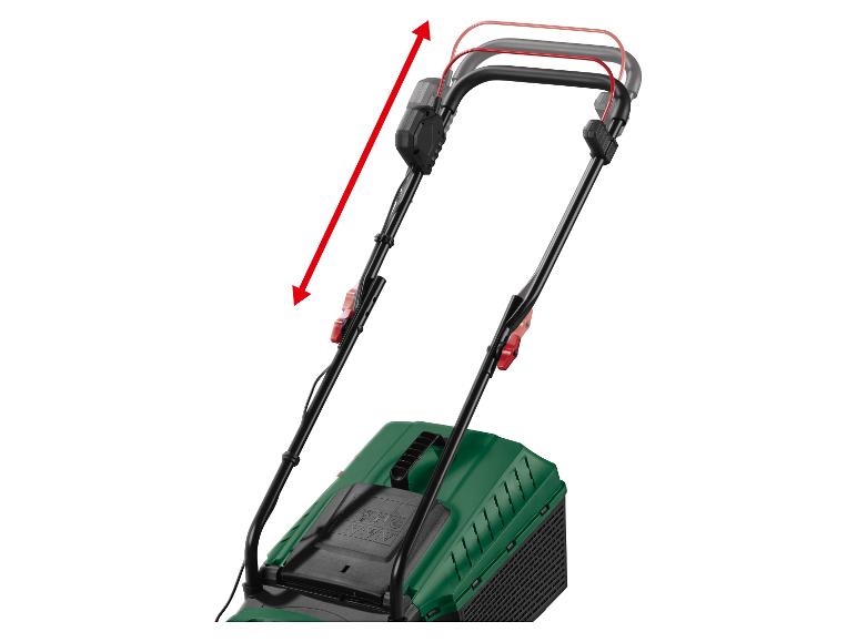 Tondeuse à gazon avec poignée réglable en hauteur, indiquée par une flèche rouge.