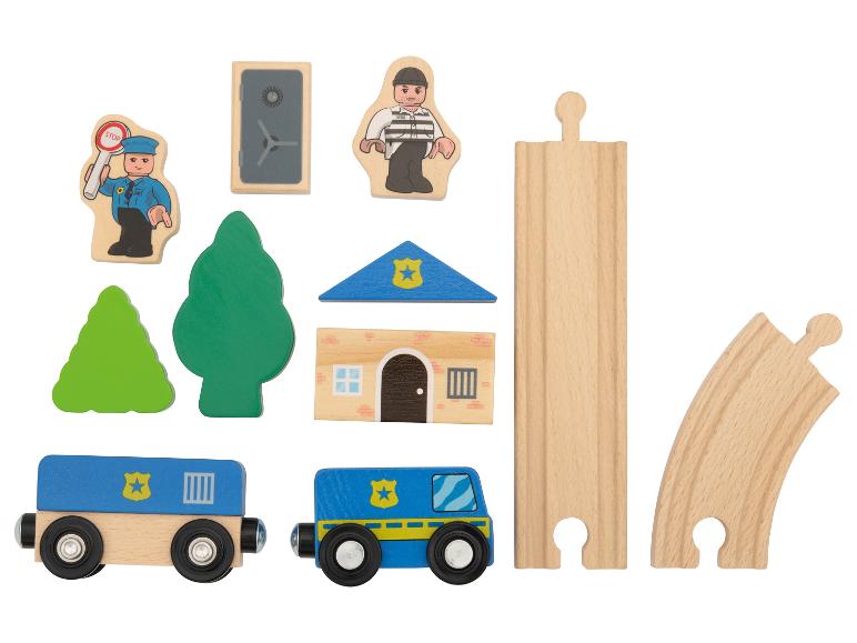 Ensemble de jeu en bois sur le thème de la police, incluant figurines, bâtiments et rails.