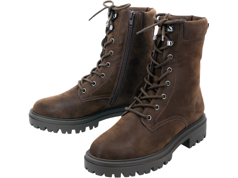 Bottes marron pour femme à lacets et fermeture éclair, avec semelle épaisse.