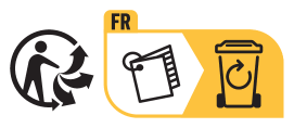 Logo de recyclage avec un homme jetant des déchets et l'indication FR pour le tri du papier dans une poubelle.