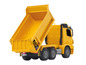 Un camion jouet jaune avec une benne basculante.