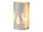 Bougie décorative de Noël avec cerf et arbres, lumière chaude.