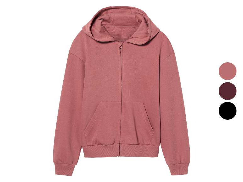 Sweat-shirt à capuche rose avec fermeture éclair et trois options de couleur.