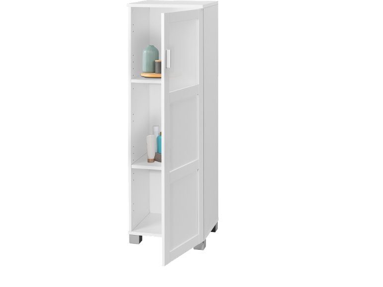 Meuble de salle de bain blanc avec étagère ouverte présentant des articles de toilette et de la décoration.