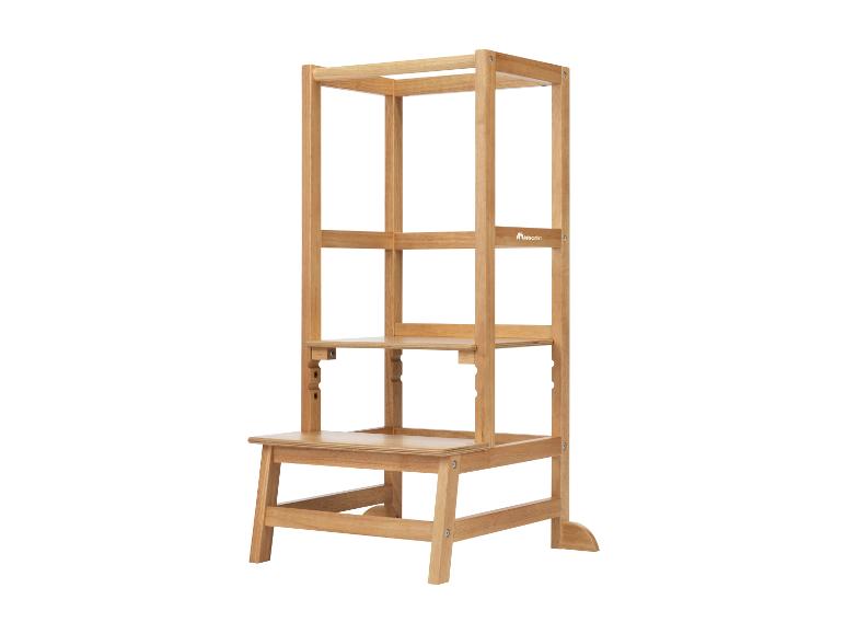Tour d'apprentissage en bois avec plateforme réglable, finition bois naturel.