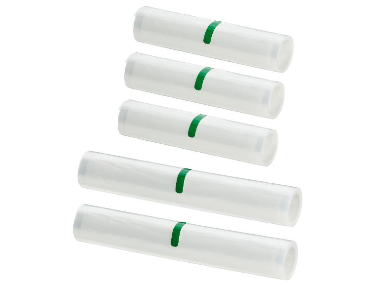 Lot de cinq rouleaux de film de mise sous vide avec des bandes vertes.