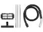 Accessoires d'aspirateur : filtre, tubes, tuyau et buse de sol.