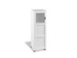 Une armoire blanche avec une porte en verre et deux étagères.
