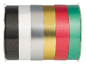 Rouleaux de rubans de différentes couleurs : noir, blanc, argent, or, rouge et vert.