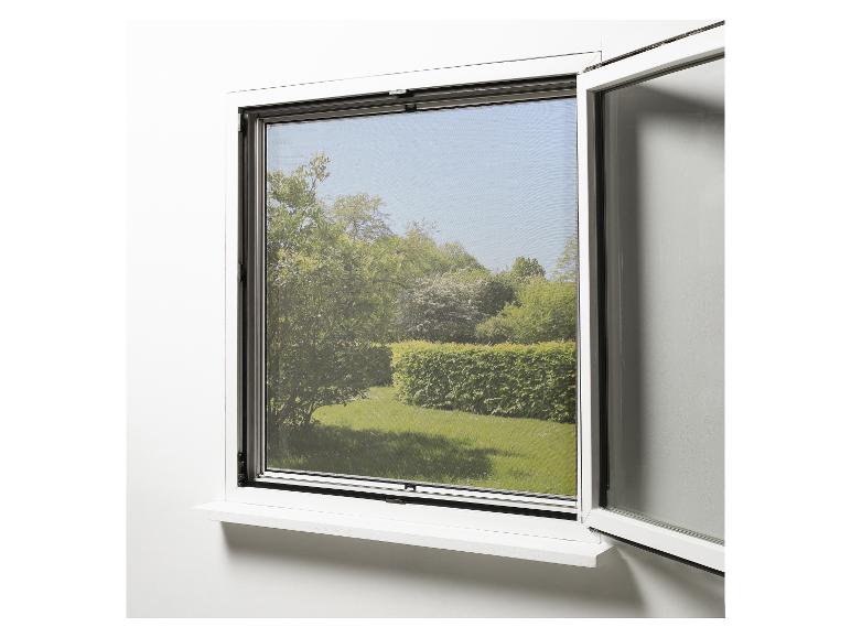 Une fenêtre blanche avec une moustiquaire, ouverte avec vue sur un jardin.