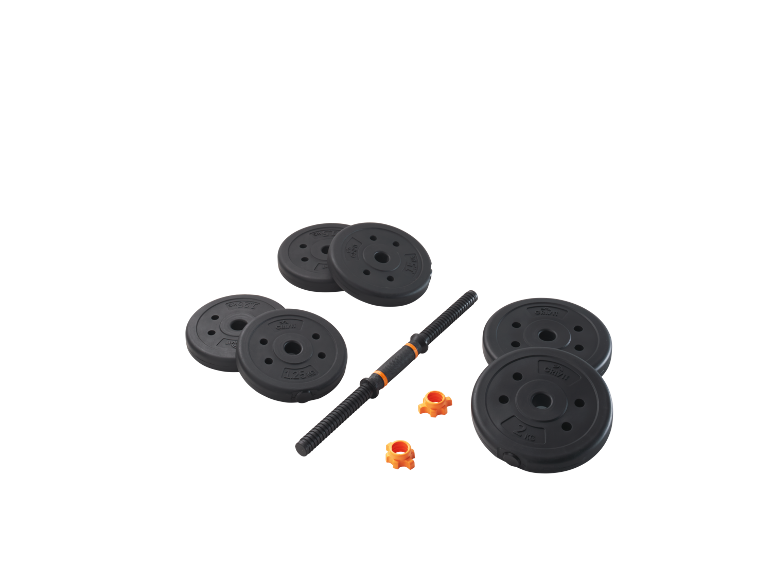 Ensemble d'haltères avec disques de poids noirs et colliers orange.