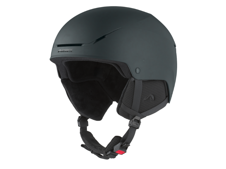 Casque de ski gris foncé avec fentes d'aération et jugulaire réglable.