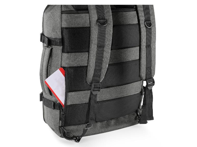 Sac à dos gris avec dos rembourré et pochette rouge pour documents.