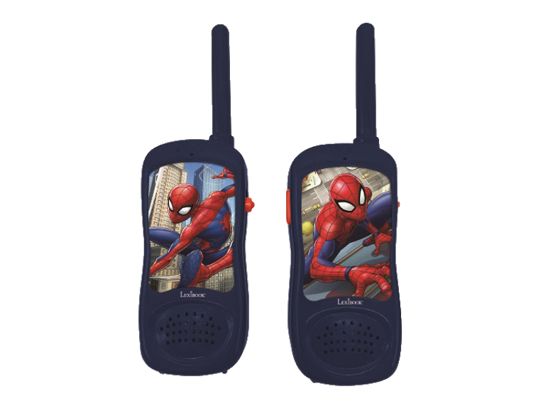 Deux talkies-walkies sur le thème de Spider-Man, l'un avec lui sautant, l'autre grimpant.