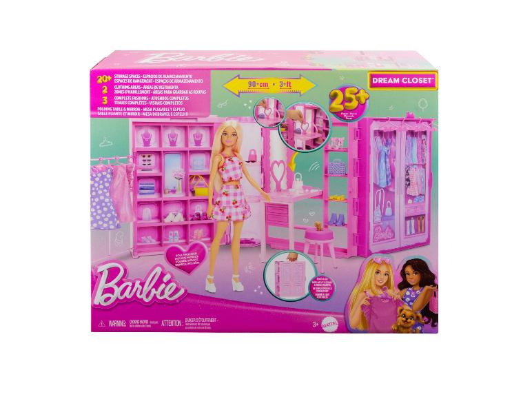 Barbie Dream Closet avec poupée, plus de 20 espaces de rangement, 2 zones de vêtements, 3 tenues complètes.