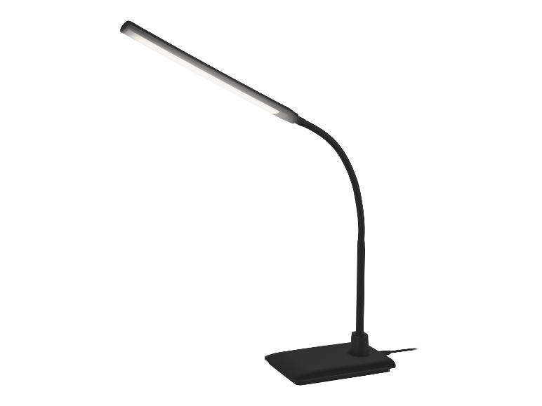 Lampe de bureau LED noire à bras flexible.