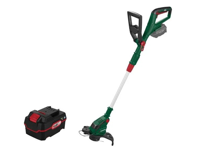 Une débroussailleuse Einhell sans fil avec batterie et chargeur.