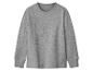 Un sweat-shirt gris uni à manches longues et col rond.