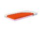 Matelas en coupe, montrant des couches de mousse orange et lilas.
