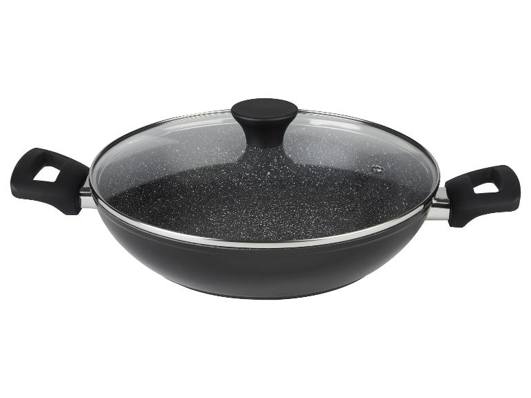 Wok noir avec couvercle en verre et poignées latérales