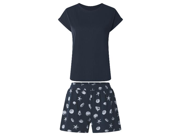 Haut à manches courtes et short bleu foncé pour femme avec motif coquillages et étoiles de mer.