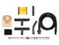 Accessoires d'aspirateur : tuyau, filtre, buses et tube télescopique.