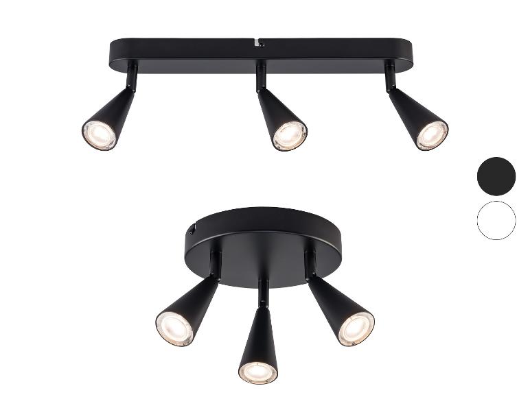 Deux spots de plafond noirs avec lumières LED, un linéaire à trois et un rond à quatre.