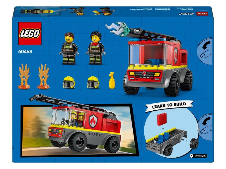 LEGO City Camion de pompiers (60463) avec deux figurines, accessoires de feu et instructions de montage.