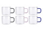 Six tasses en verre avec des poignées colorées.
